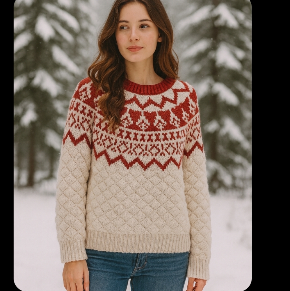 industry red and cream cable knit sweater. womens medium. EUC